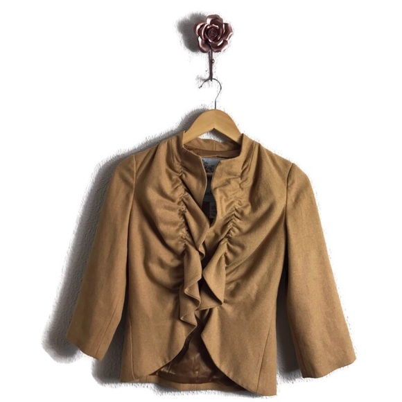 Anthropologie Tabitha Wool Blend Satin‎ Lined Cropped Ruffle Camel Jacket Size 0 - Picture 1 of 6
